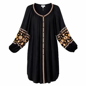 Velzera Womens 1XL Black Embroidered Boho Tunic Dress Balloon Sleeve NWT